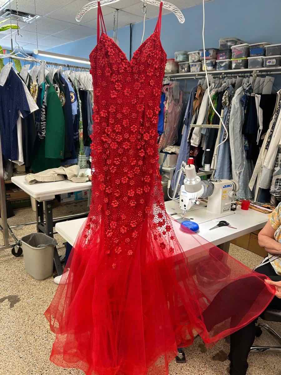 Red beaded floral mermaid gown